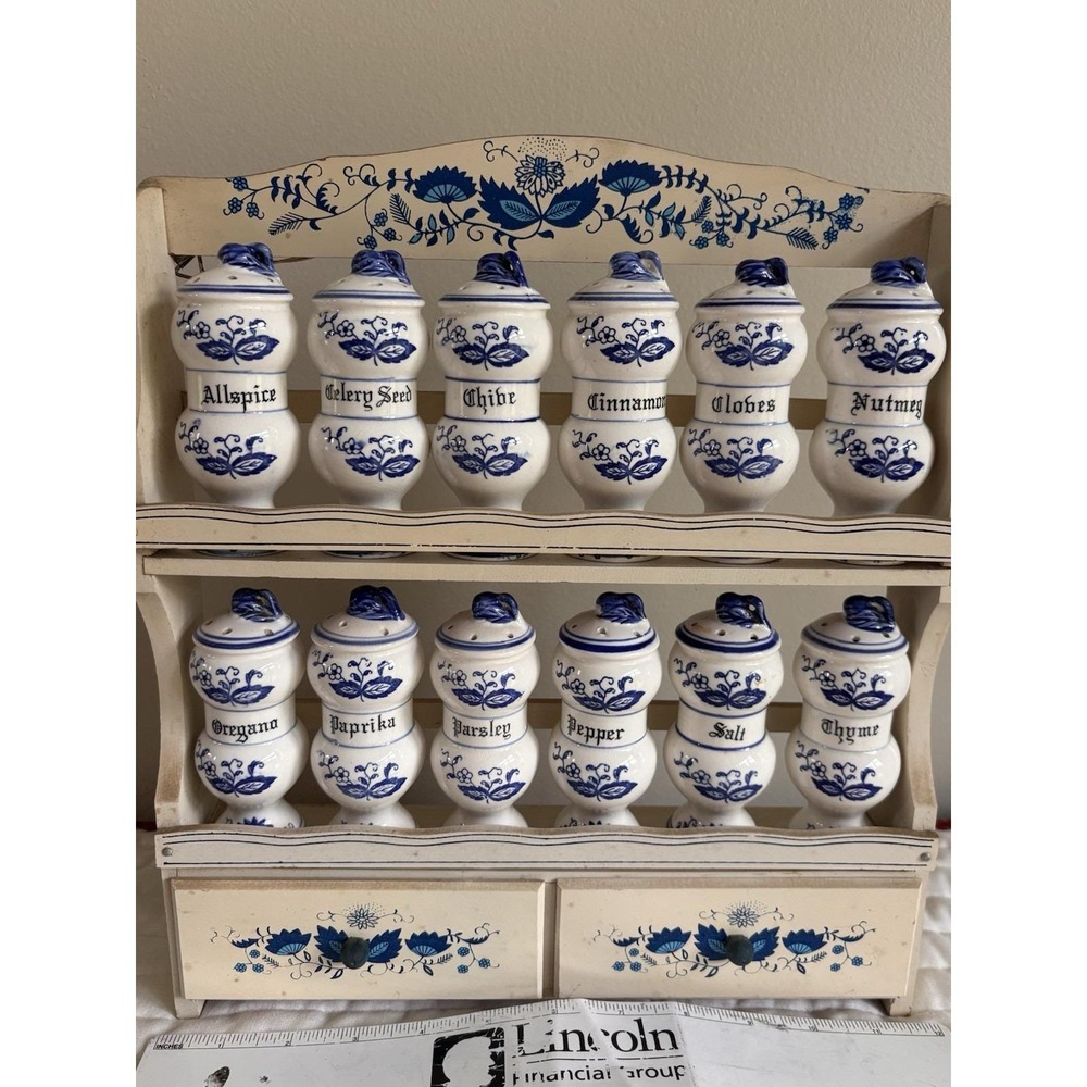 1950s Arnart Blue Onion Porcelain Spice Jars with Wooden Wall Rack & Drawers - Picture 1 of 16